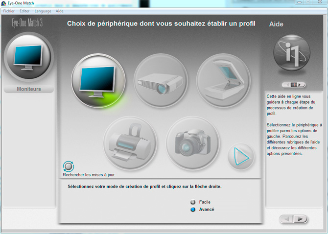 Calibration d'&eacute;cran avec le logiciel EYE ONE MATCH : choix du mode