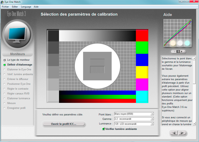 Calibration d'&eacute;cran avec le logiciel EYE ONE MATCH : choix du point blanc, gamma et luminance