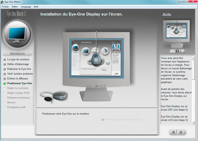 Calibration d'&eacute;cran avec le logiciel EYE ONE MATCH : mise en place sur l'&eacute;cran