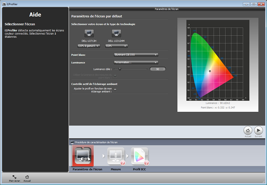 Calibration d'écran avec le logiciel i1Profiler : choix du point blanc et de la luminance