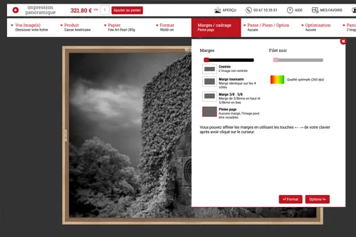 Interface de commande : choix des marges et de la finition